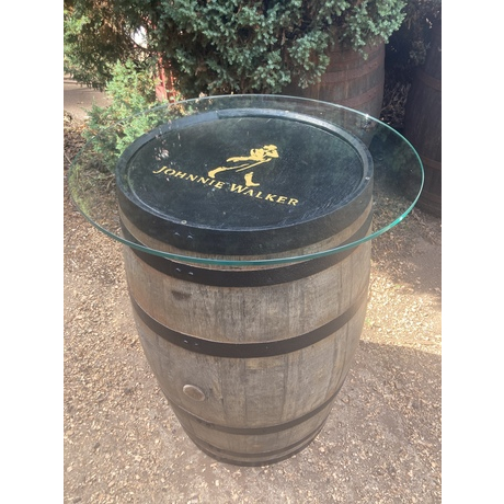 Johnnie Walker Glass Top Barrel Table with Black Hoops